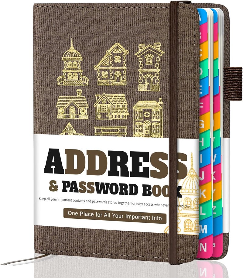 hi!SCI Address Book with Colorful Alphabetical Tabs (4.7" X 6.2") – Telephone Address Contact Book for Seniors, Address Book with Space for Website Address and Internet Passwords (Royal Brown) - Image 1